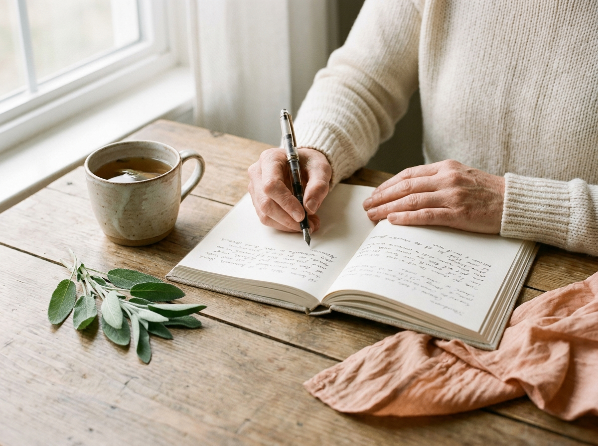 Hände schreiben in ein Journal neben einer Tasse Tee